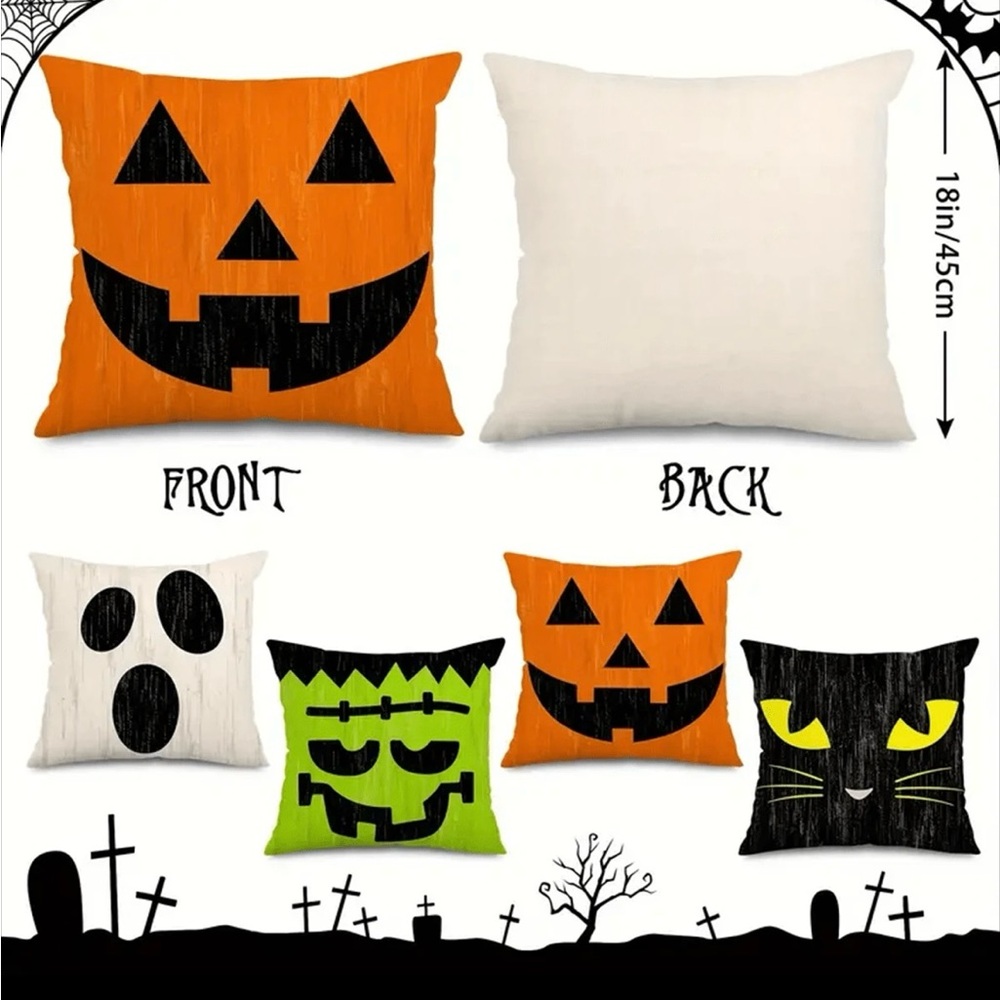4 Pcs Halloween Pillow Covers - 18 X 18 Inch Retro Halloween Character - Picture 2 of 2